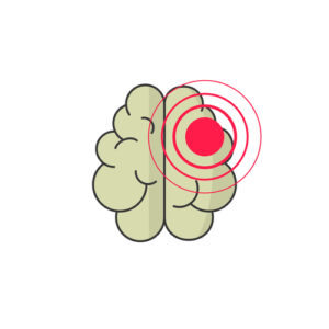 cartoon brain with a red target spot showing where pain is.